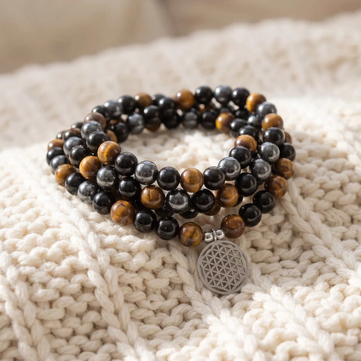 Bracelet Mala Triple Protection en Oeil de Tigre, Hématite et Obsidienne Noire - image 1