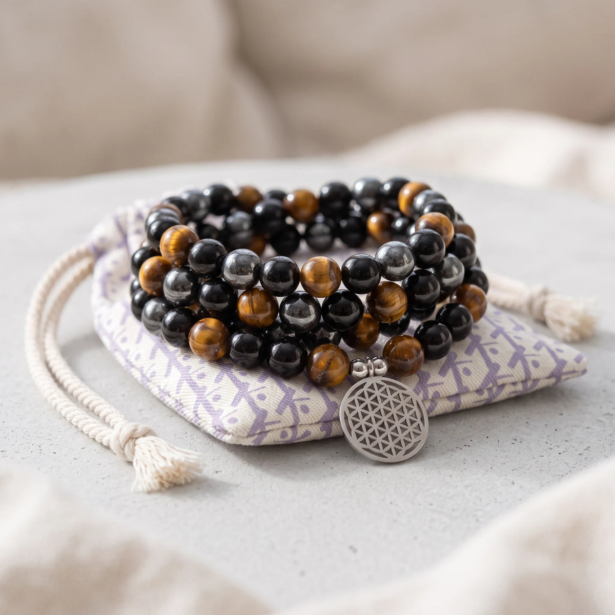 Bracelet Mala Triple Protection en Oeil de Tigre, Hématite et Obsidienne Noire - image 2