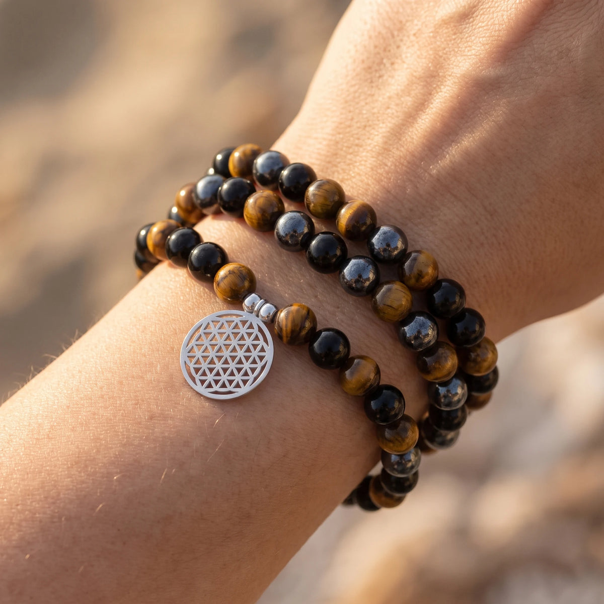 Bracelet Mala Triple Protection en Oeil de Tigre, Hématite et Obsidienne Noire - image 3