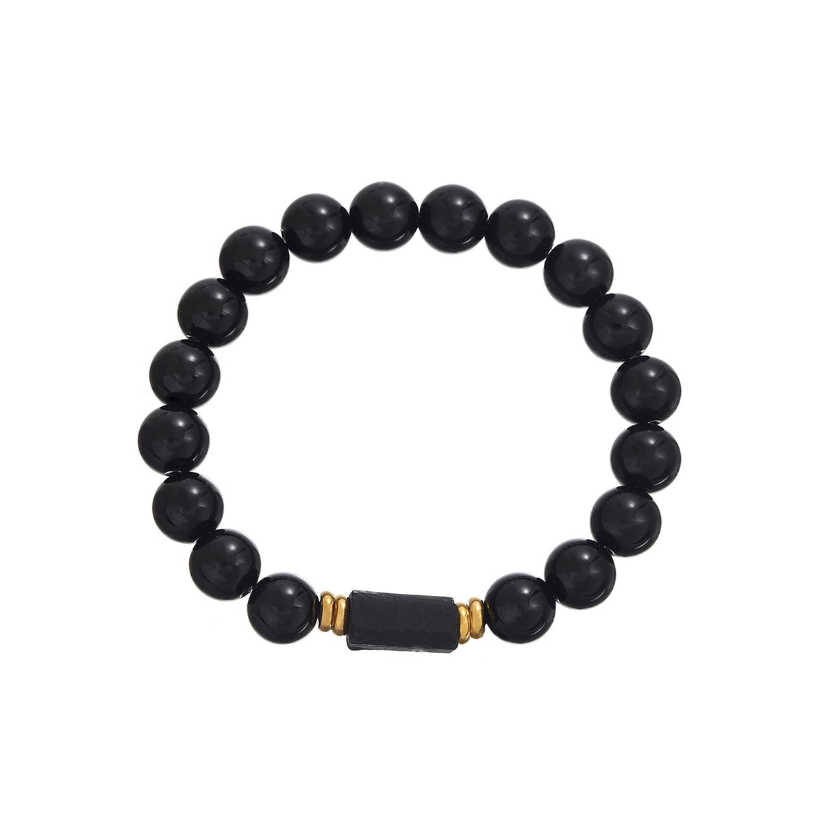 Bracelet en obsidienne noire avec pierre brute centrale et anneaux dorés, fond blanc