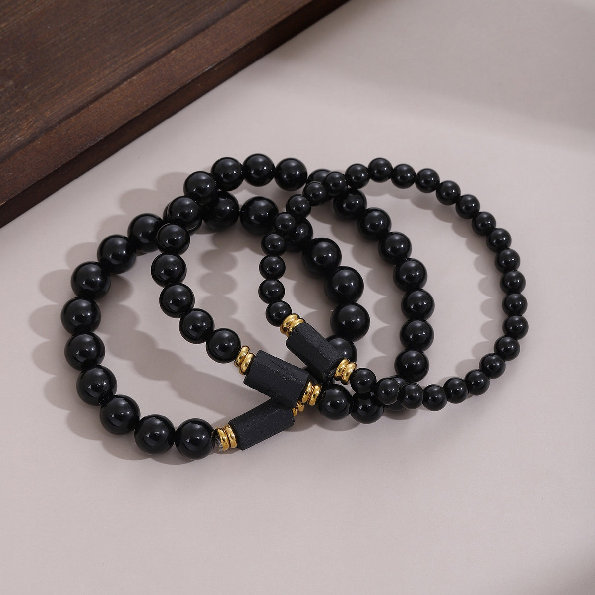 Bracelets en obsidienne noire, trois tailles de perles