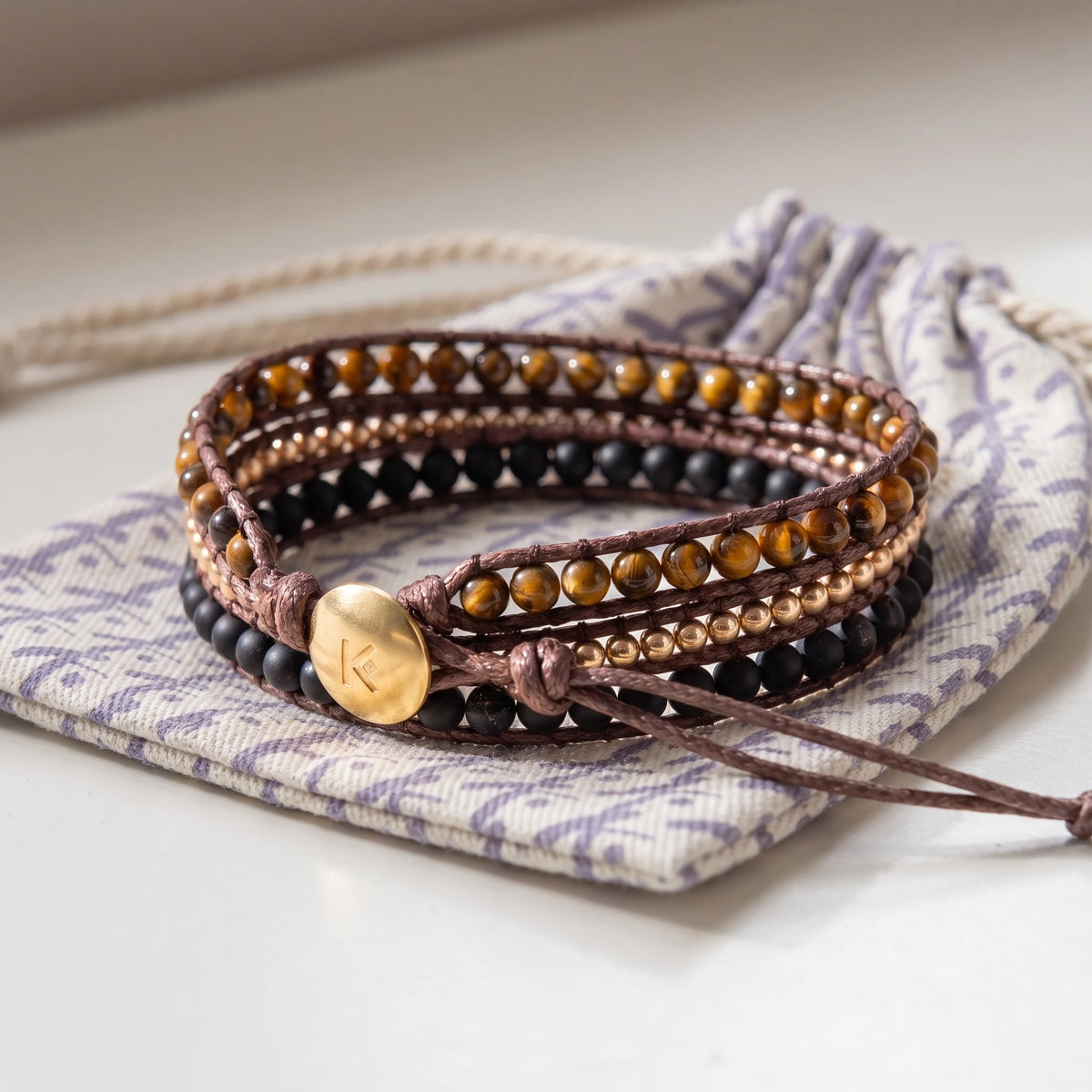 Bracelet Wrap "Confiance en soi" en Oeil de Tigre et Onyx Noir - image 2