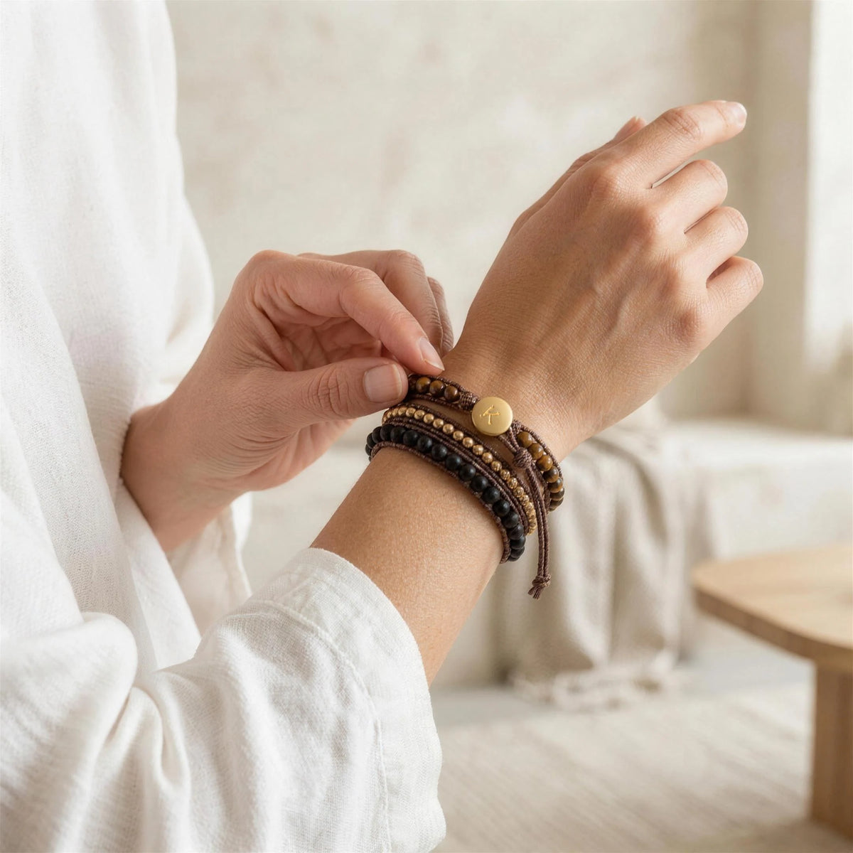 Bracelet Wrap "Confiance en soi" en Oeil de Tigre et Onyx Noir - image 4