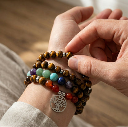 Bracelet mala 7 Chakras de Guérison en Oeil de Tigre
