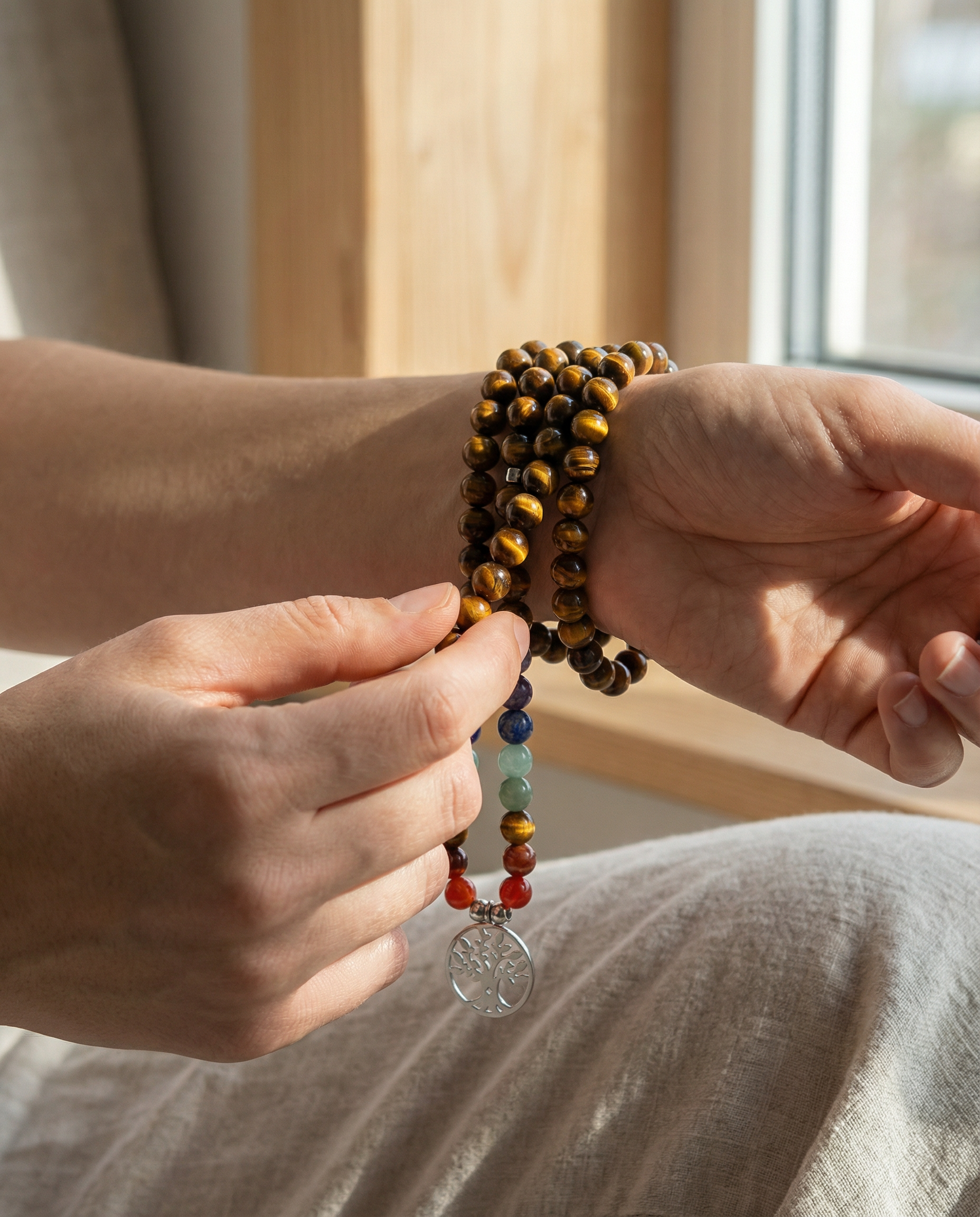 Bracelet mala 7 Chakras de Guérison en Oeil de Tigre