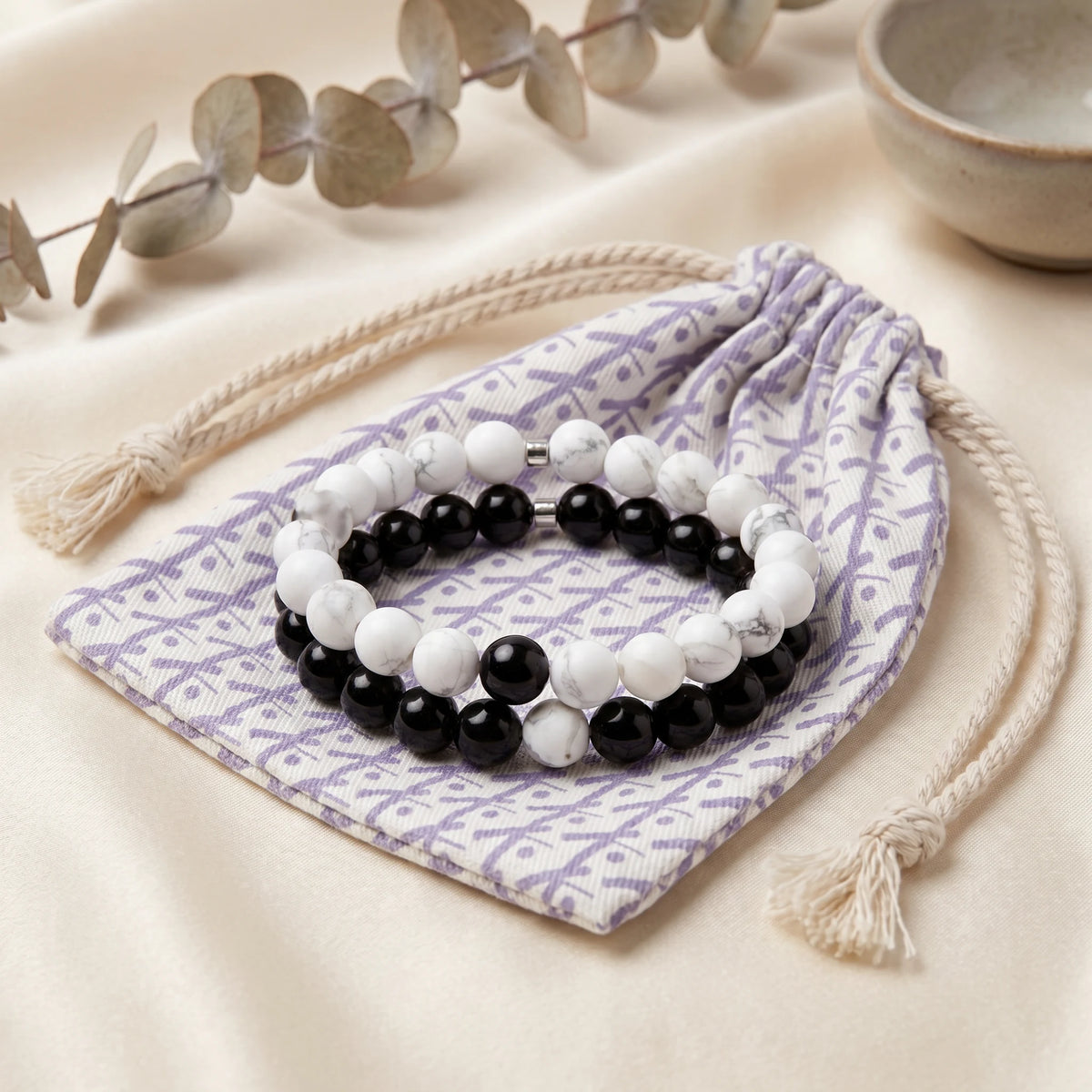 Bracelets Distance™ en Howlite Blanche et Agate Noire - image 2