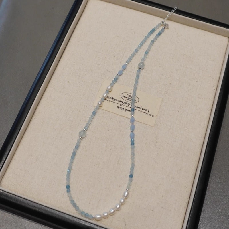 Collier en aigue-marine et perles d'eau douce avec fermoir argent 925