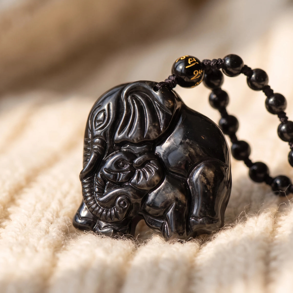 Collier Elephant et Protection en Obsidienne Noire - macro dore - image 5