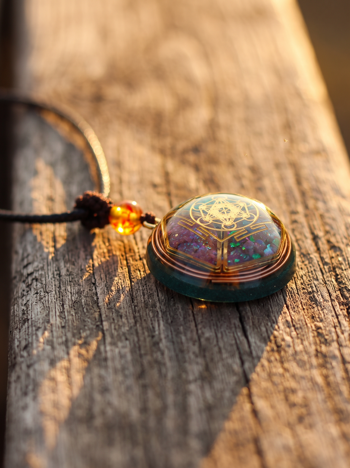 Collier orgonite sur bois à la lumière dorée du soir