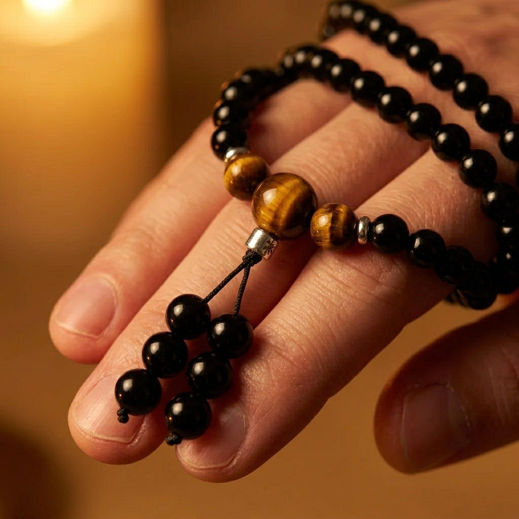 Bracelet Mala Bouddhiste en Obsidienne et Oeil de Tigre