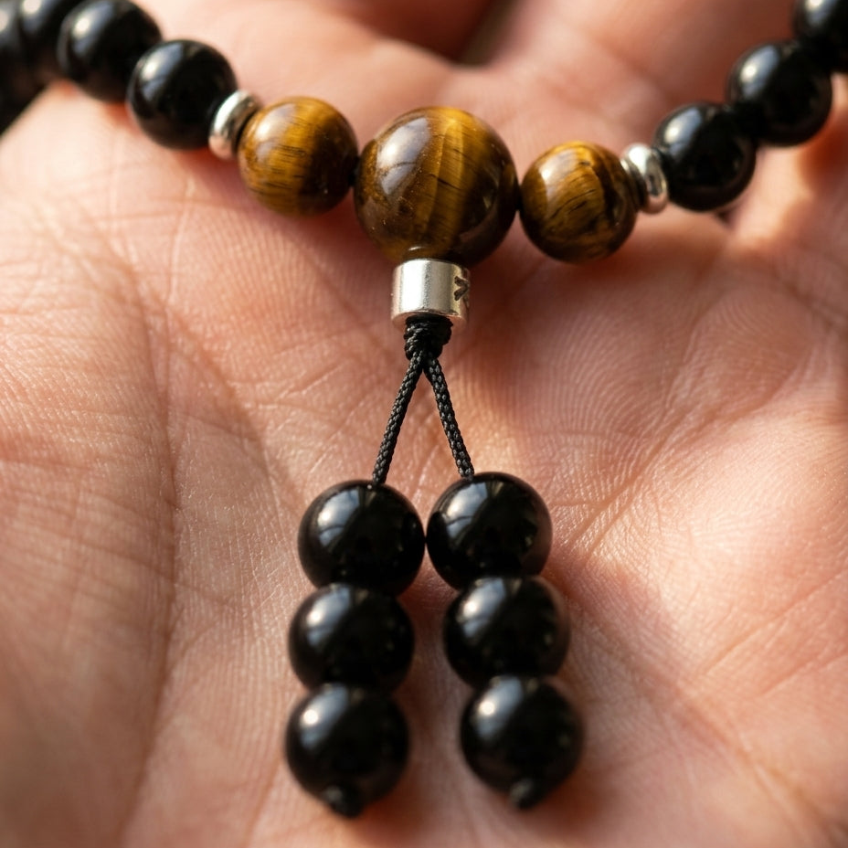 Bracelet Mala Bouddhiste en Obsidienne et Oeil de Tigre
