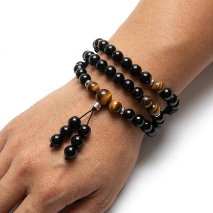 Bracelet Mala Bouddhiste en Obsidienne et Oeil de Tigre