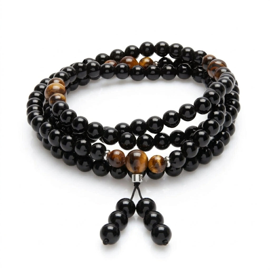 Bracelet Mala Bouddhiste en Obsidienne et Oeil de Tigre