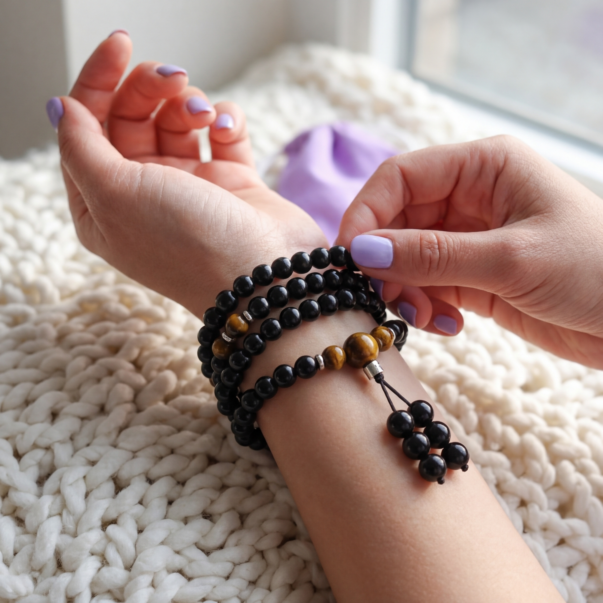 Bracelet Mala Bouddhiste en Obsidienne et Oeil de Tigre