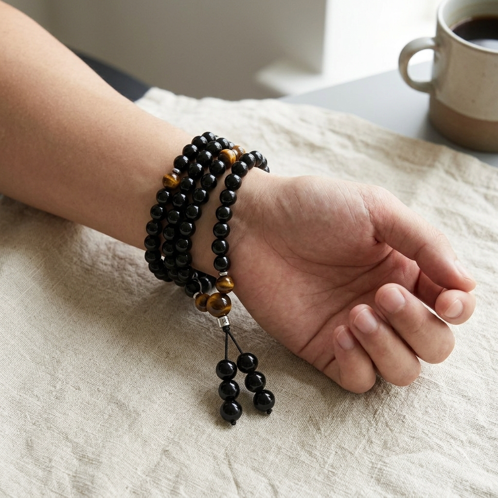 Bracelet Mala Bouddhiste en Obsidienne et Oeil de Tigre