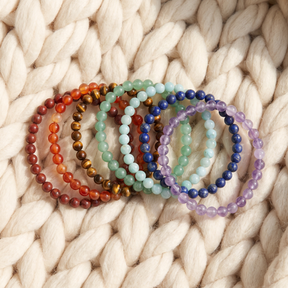 Lot de 7 Mini Bracelets Energie des 7 Chakras - eventail perles 4 mm sur plaid en maille