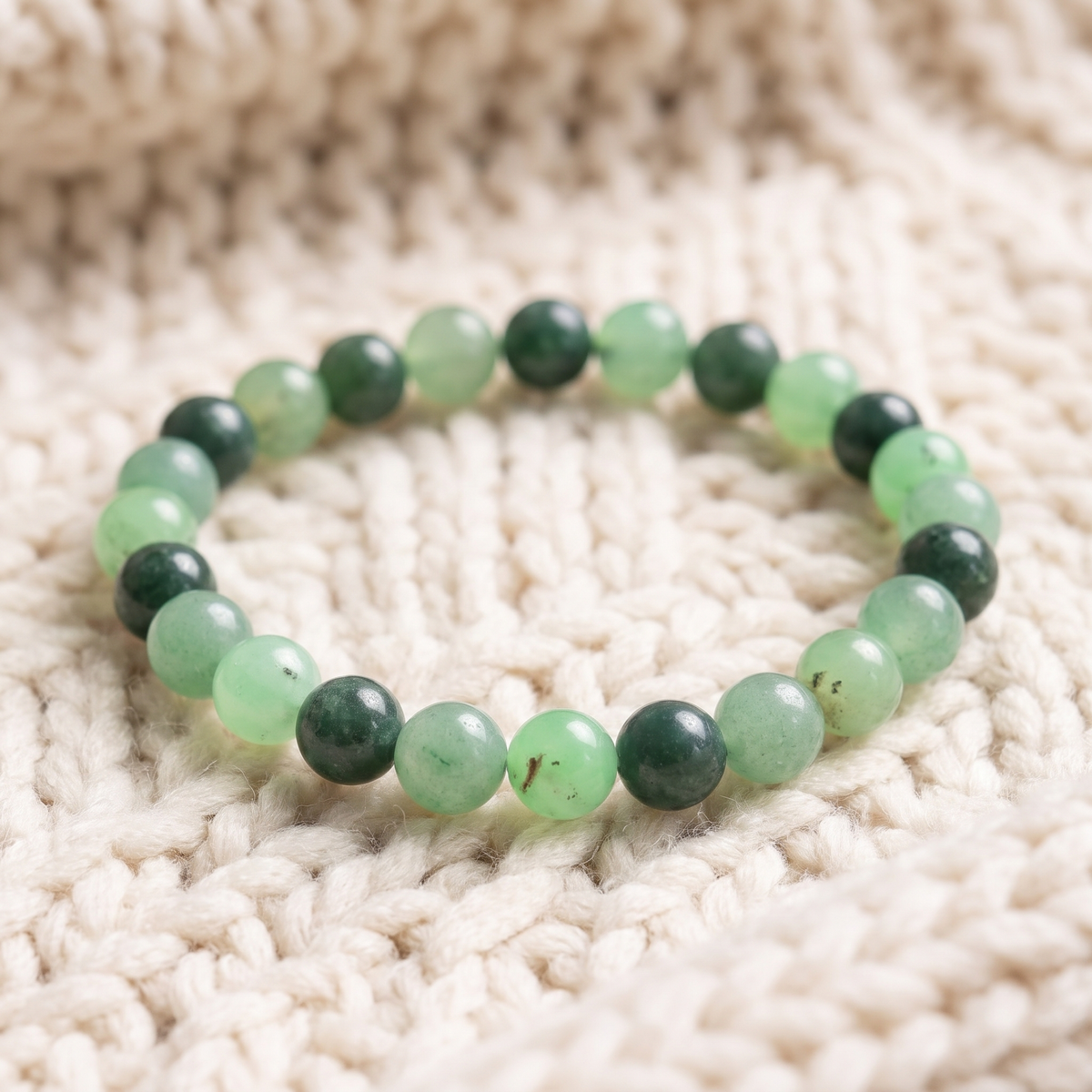 Gros plan du Bracelet Chance et Opportunités en Aventurine Verte, Jade et Chrysoprase