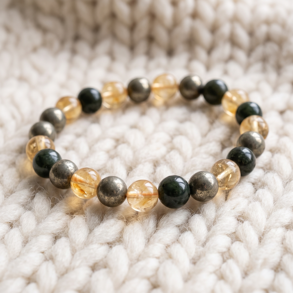 Gros plan du Bracelet Abondance et Prospérité en Citrine, Pyrite et Jade