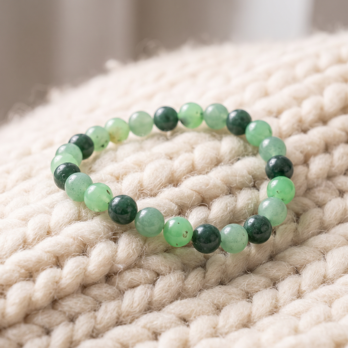 Bracelet Chance et Opportunités en Aventurine Verte, Jade et Chrysoprase sur plaid en maille crème