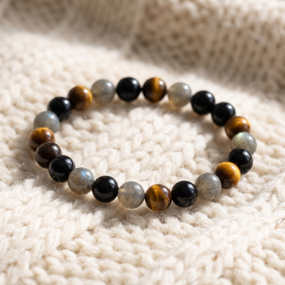 Gros plan du Bracelet Protection Extrême en Obsidienne Noire, Labradorite et Œil de Tigre