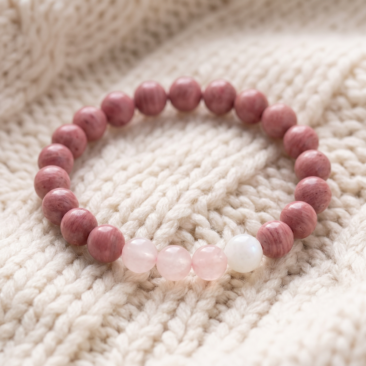 Gros plan du Bracelet Amour et Relations en Quartz Rose, Rhodochrosite et Pierre de Lune