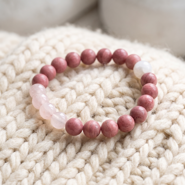 Bracelet "Amour & Relations" en Quartz Rose, Rhodochrosite et Pierre de Lune