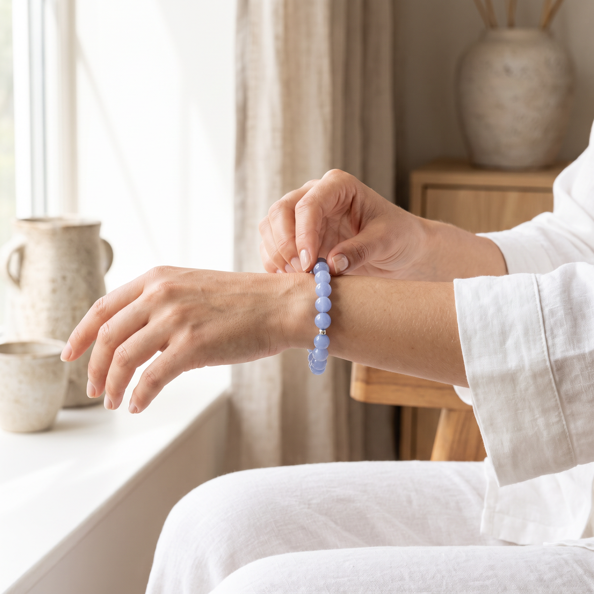 Bracelet Lagon en pierre naturelle bleue - ambiance lin - image 4