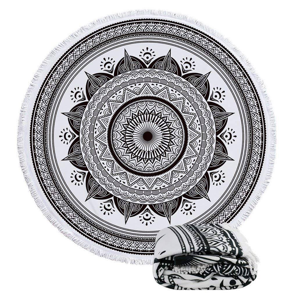Toile ronde "Mandala Noir" à pompons en coton