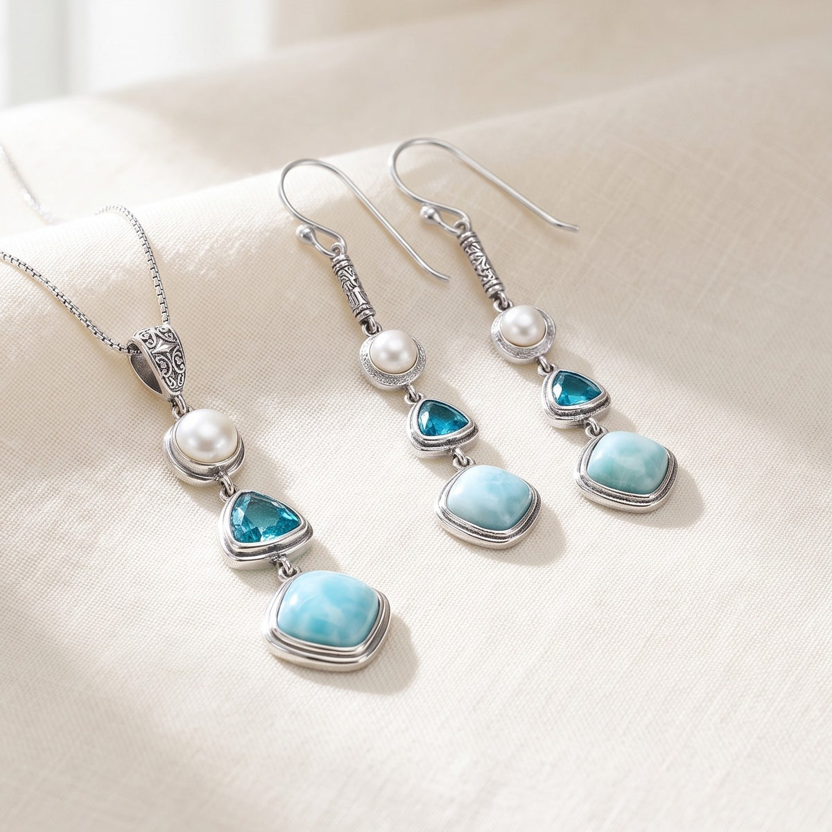 Boucles d'oreilles Larimar en argent 925 avec le collier assorti