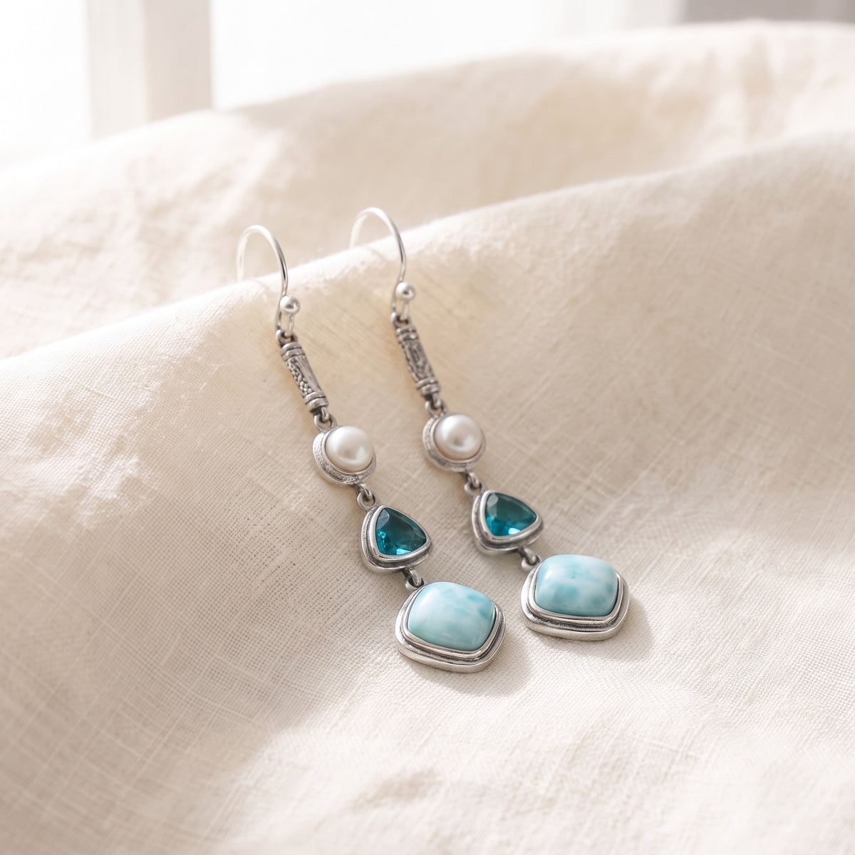 Boucles d'oreilles Larimar en argent 925, vue de détail