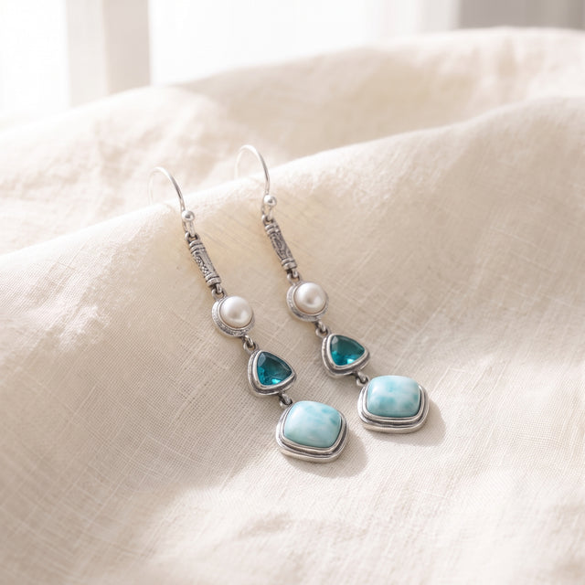 Boucles d'oreilles Larimar en argent 925 sur lin