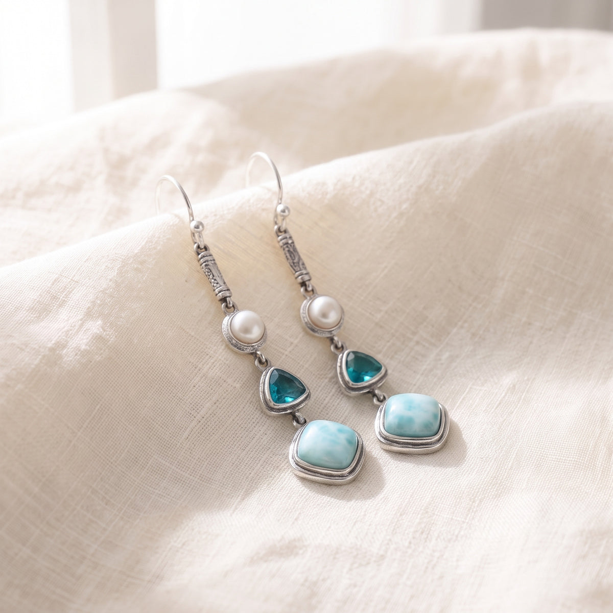 Boucles d'oreilles Larimar en argent 925 sur lin