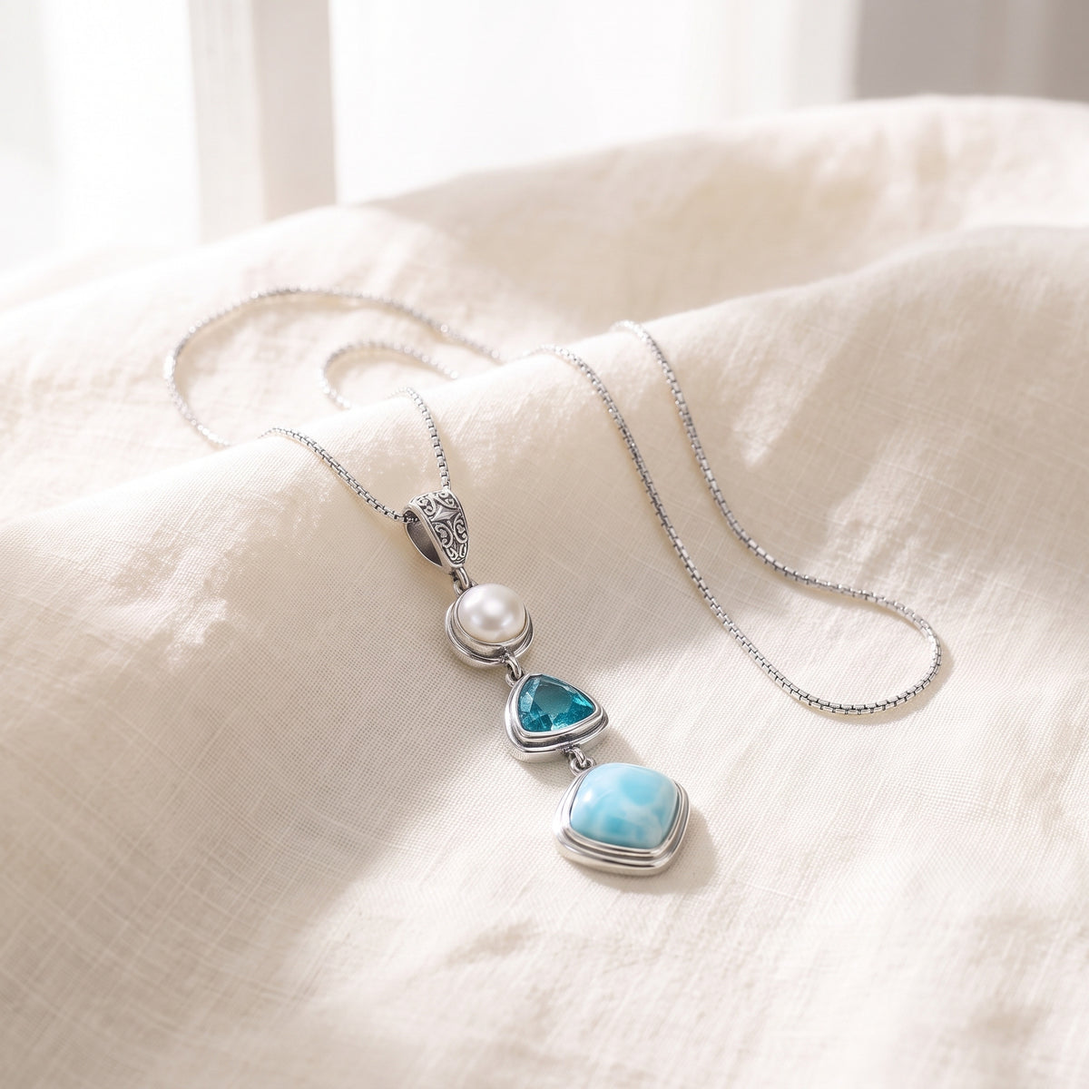 Collier Larimar en argent 925 sur lin