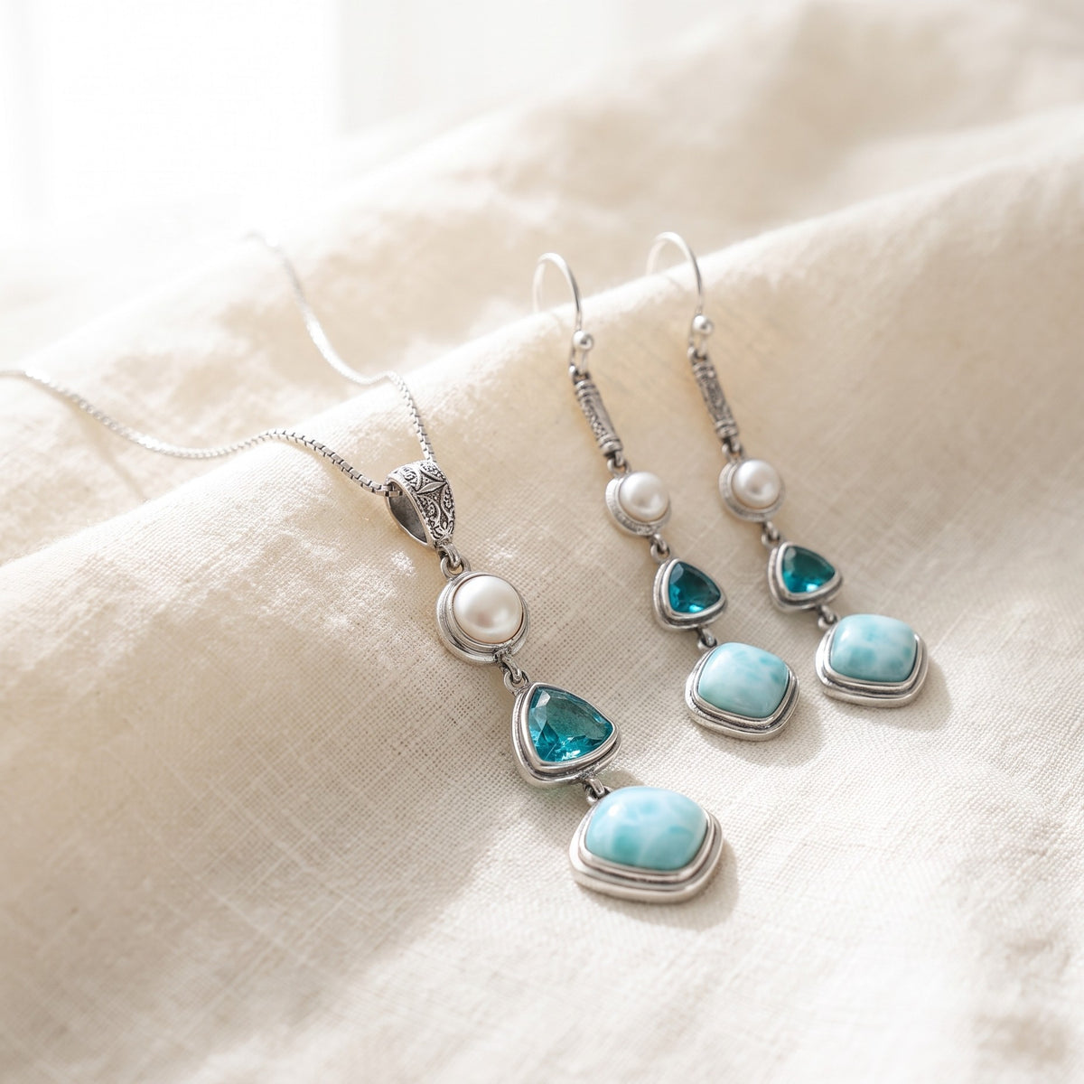 Ensemble Larimar complet : perle d'eau douce, topaze bleue et larimar véritable en argent 925
