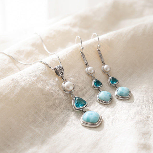 Ensemble Larimar complet : perle d'eau douce, topaze bleue et larimar véritable en argent 925