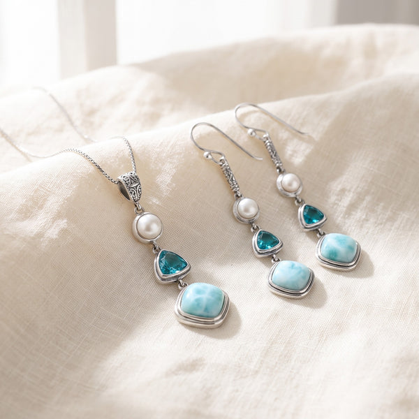 Ensemble Collier et Boucles d'Oreilles Larimar