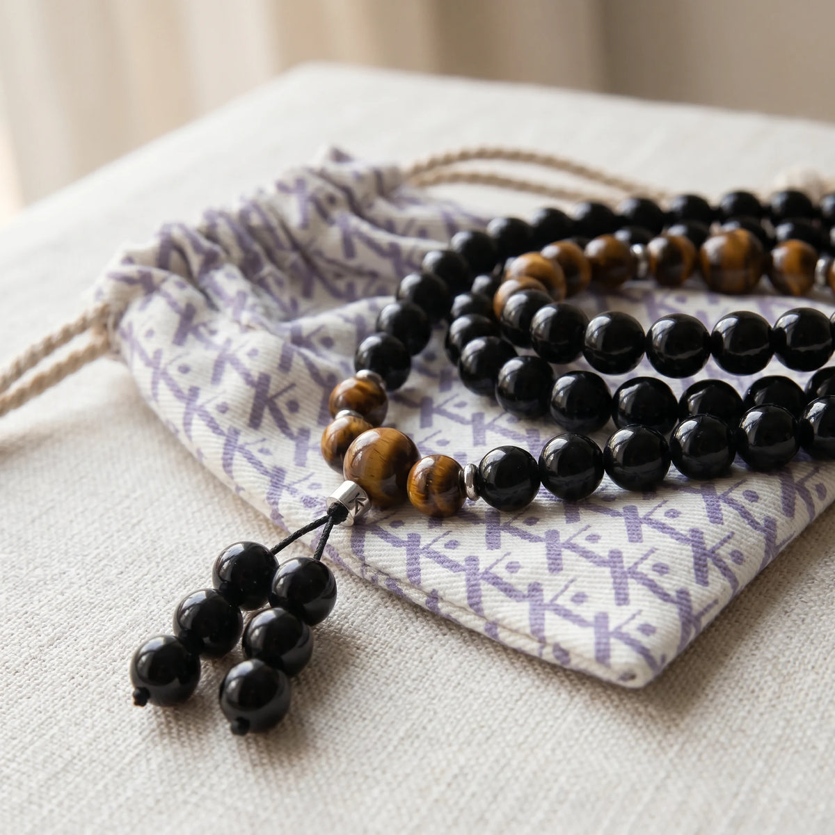 Mala Bouddhiste en Obsidienne et Oeil de Tigre - image 2
