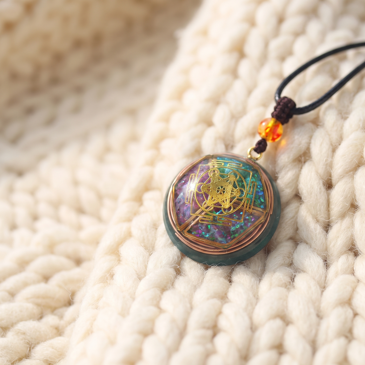 Collier orgonite sur plaid en maille crème