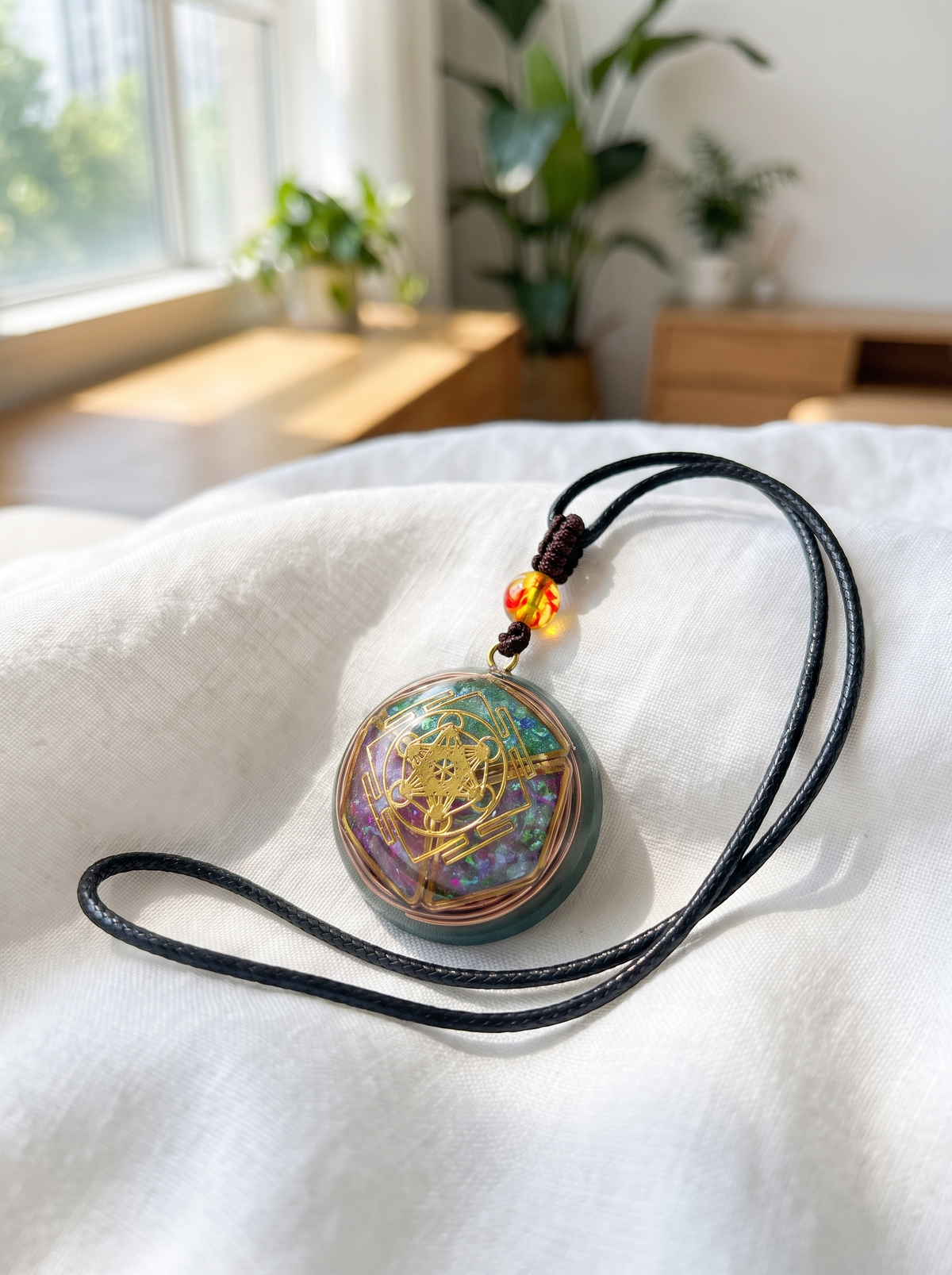 Collier orgonite posé sur lin blanc, cordon déroulé