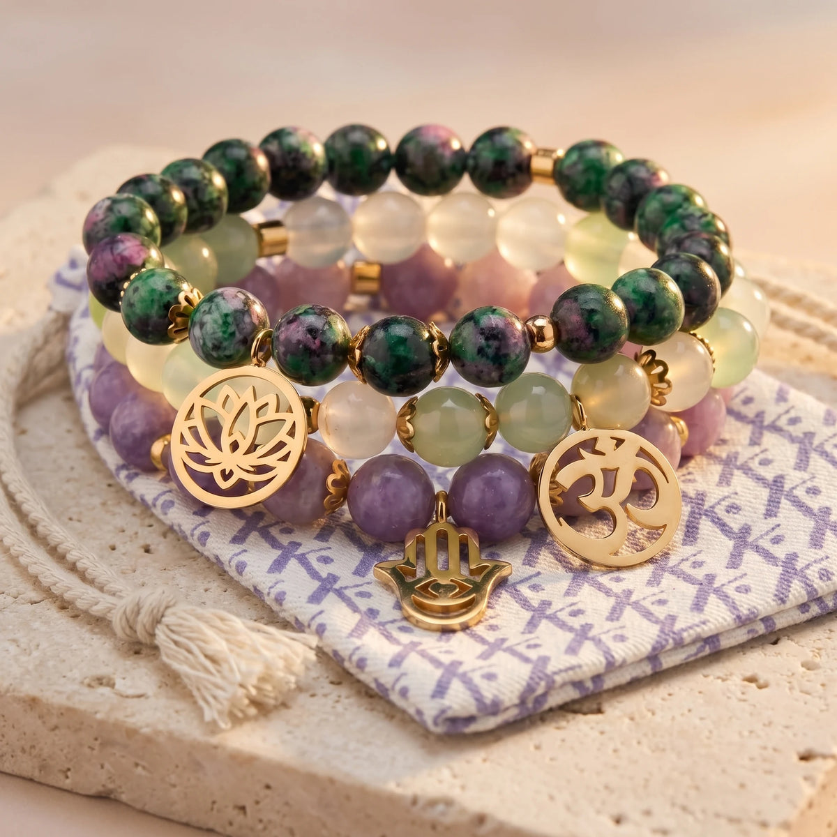 Triple Bracelets "Libération Émotionnelle" en Lépidolite, Clinozoïsite et Agate Raisin - image 2