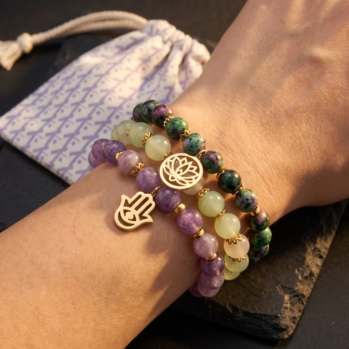 Triple Bracelets "Libération Émotionnelle" en Lépidolite, Clinozoïsite et Agate Raisin - image 3