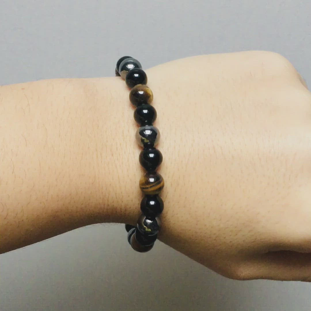 Bracelet en Oeil de Tigre, Hématite et Obsidienne Noire "Triple Protection"