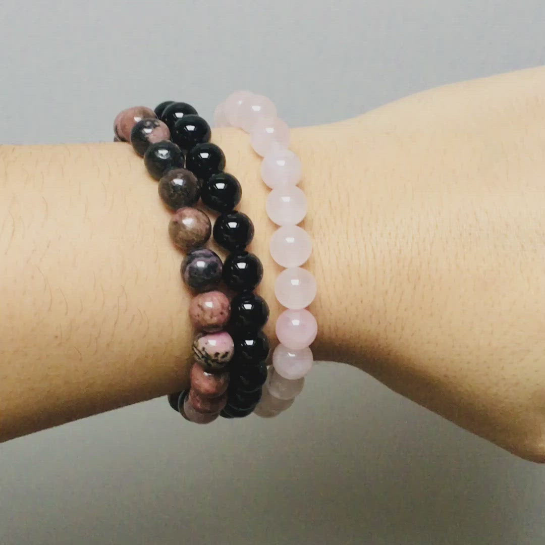 Triple “Trust in Love” Bracelet in Rose Quartz, Rhodonite and Onyx
