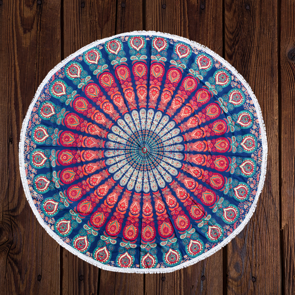 Toile ronde "Mandala Multicolore" à pompons en coton