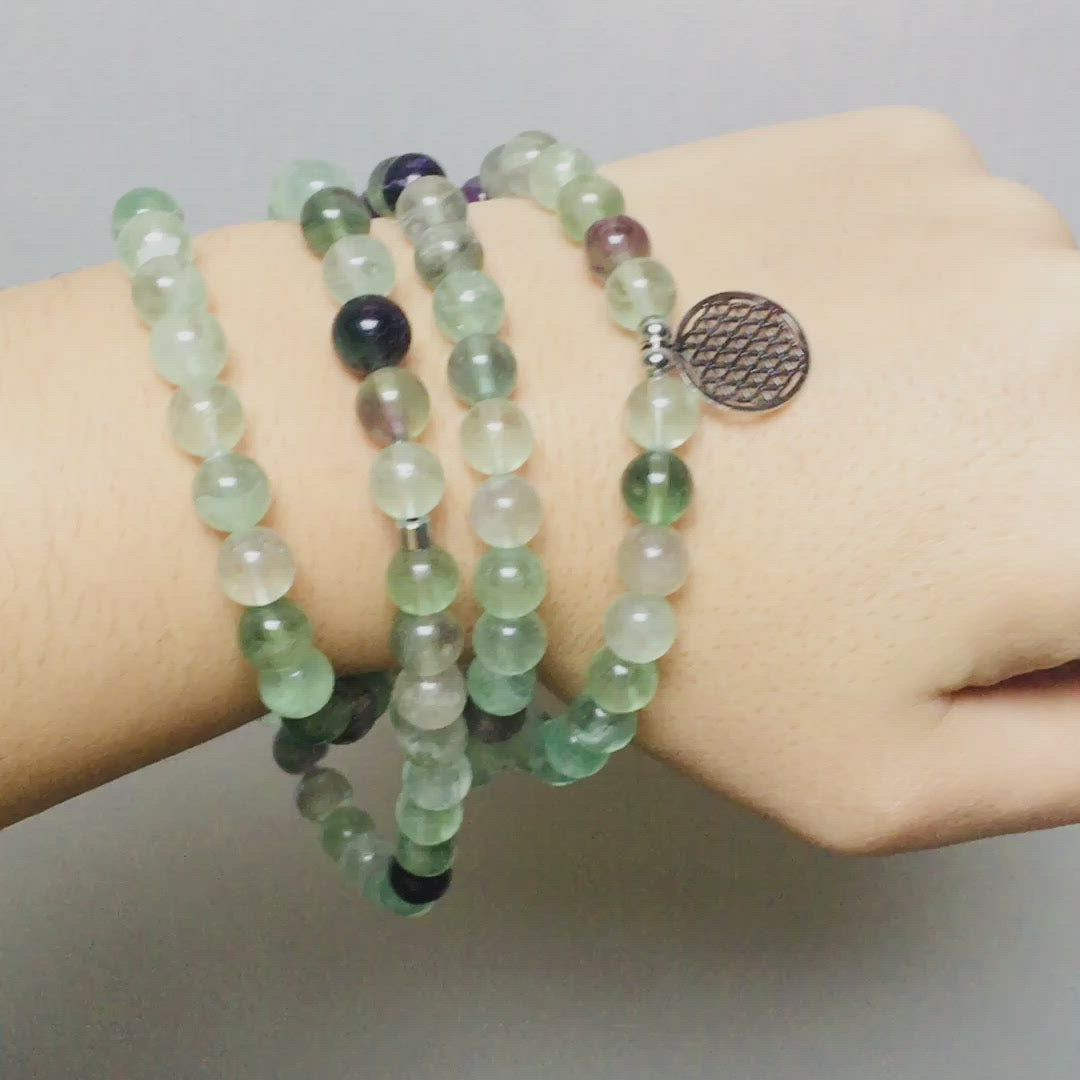 “Genie” Mala Bracelet of 108 Rainbow Fluorite beads