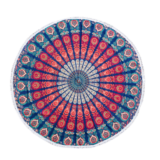 Toile ronde "Mandala Multicolore" à pompons en coton