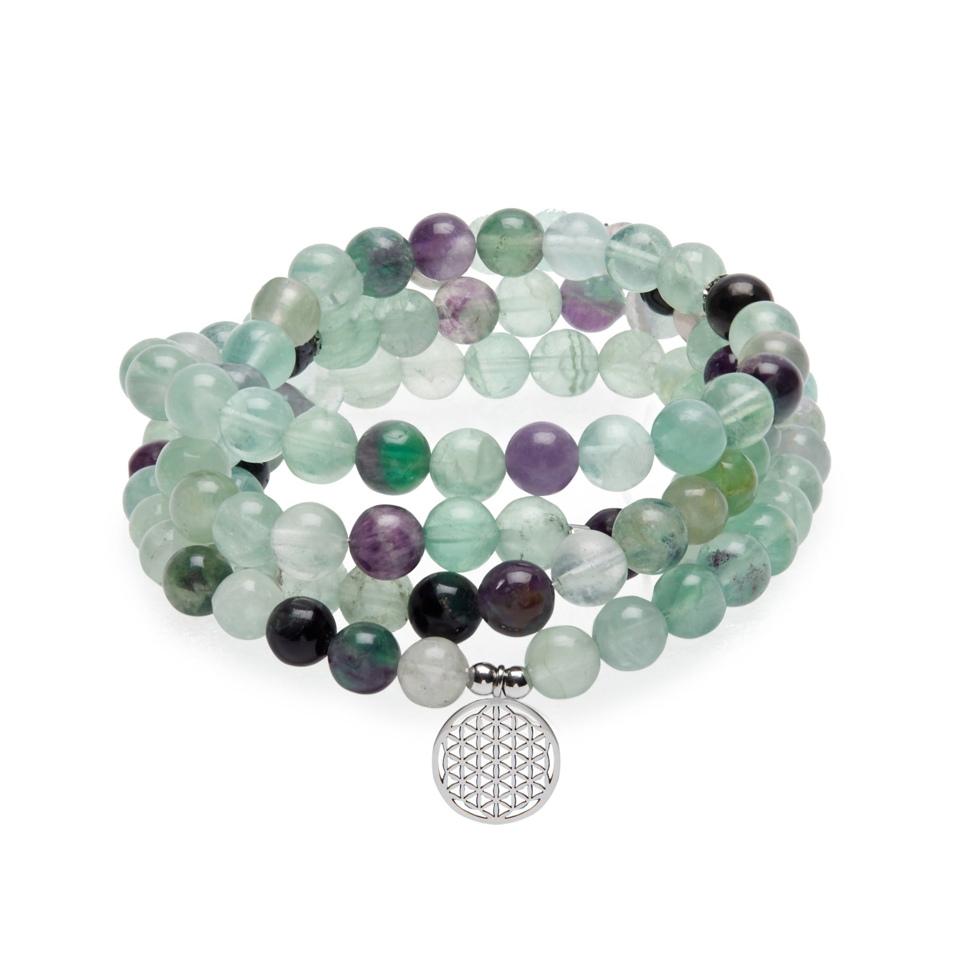 Bracelet Mala "Génie" de 108 perles en Fluorite Arc-en-Ciel - Karma Yoga Shop