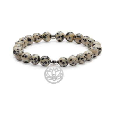 Lotus Mala Bracelet “Joy of Being” in Dalmatian Jasper – Karma Yoga Shop