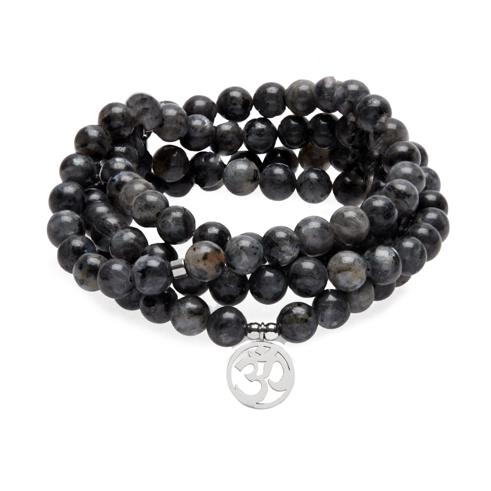 Bracelet Mala "Om" de 108 perles en Labradorite Grise - Karma Yoga Shop