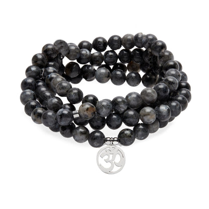 Bracelet Mala "Om" de 108 perles en Labradorite Grise - Karma Yoga Shop